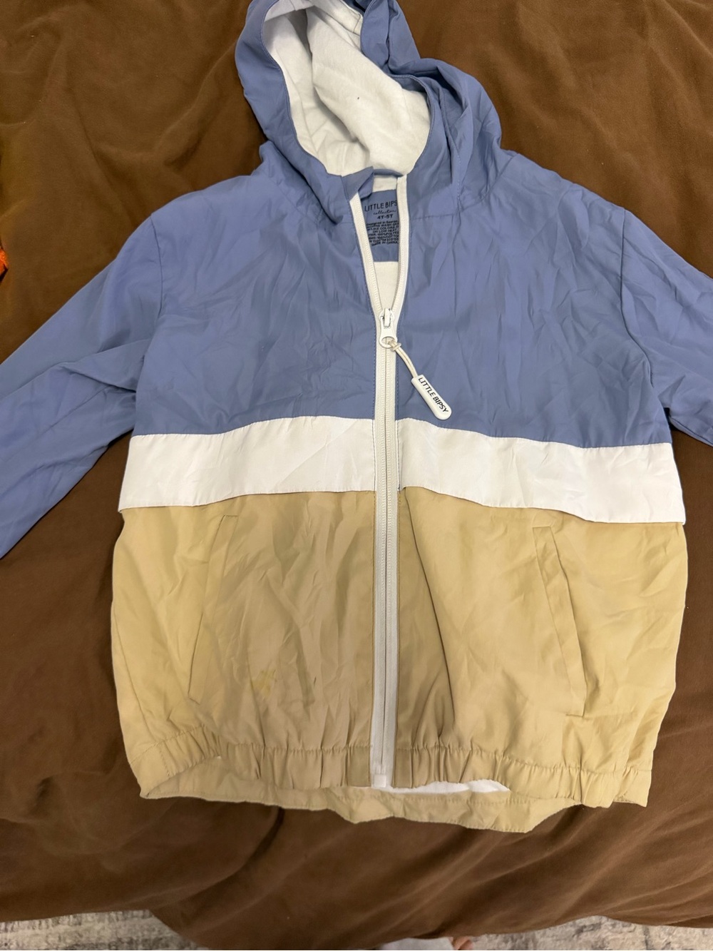 Little Bipsy Blue, White & Tan Colorblock Hooded Rain Jacket